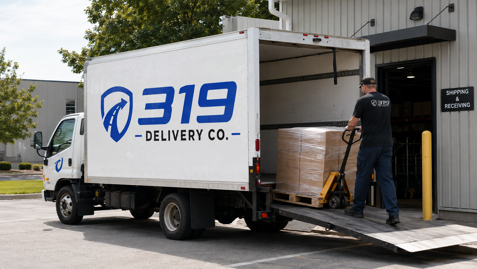 319 Delivery Co. box truck being loaded with a pallet at a Cedar Rapids warehouse